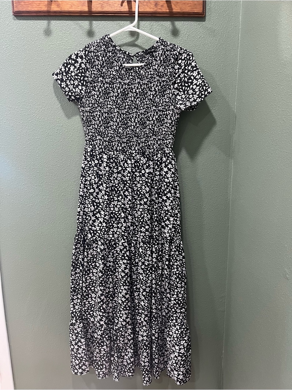 Black & White Floral Smocked Midi Dress